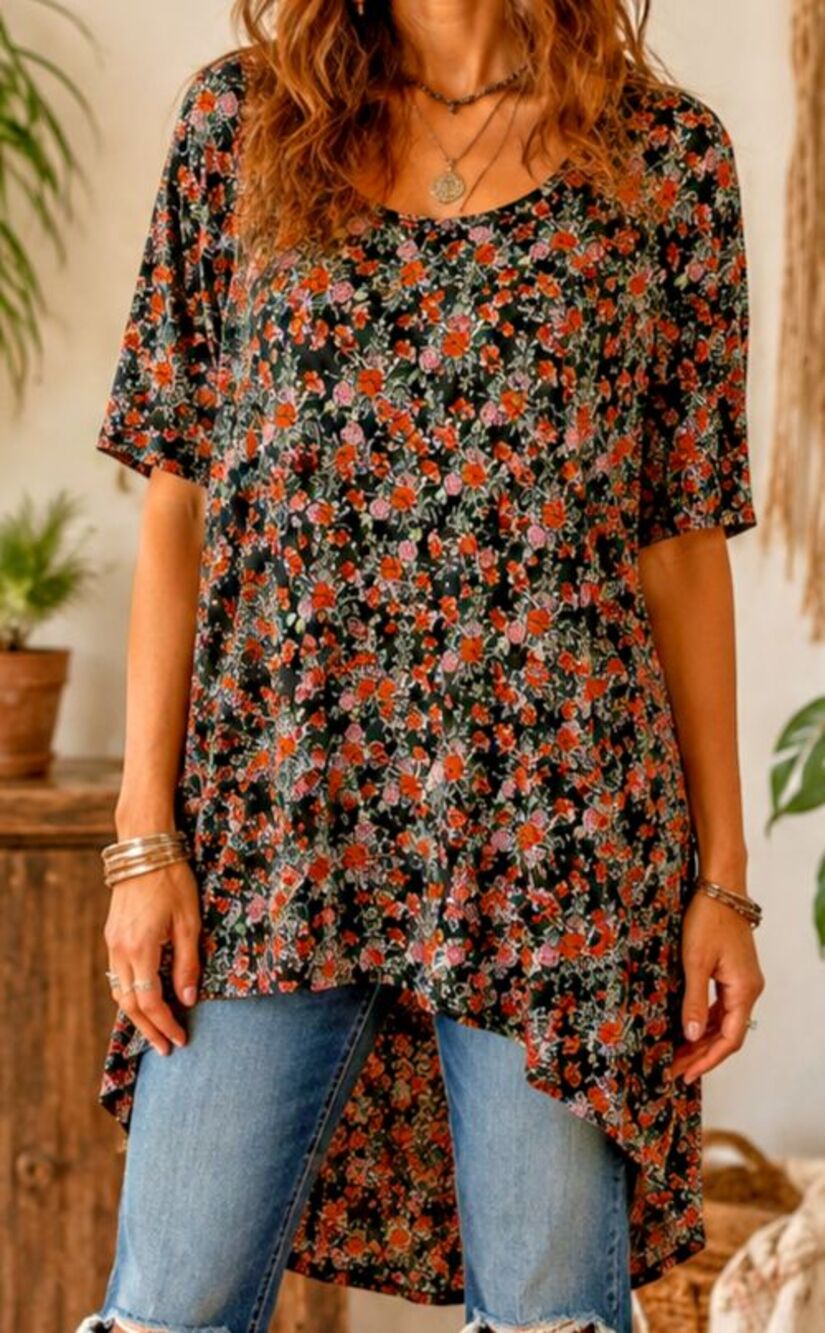 LuLaRoe Orange Black Green Floral Tunic Top High Low Hem Medium